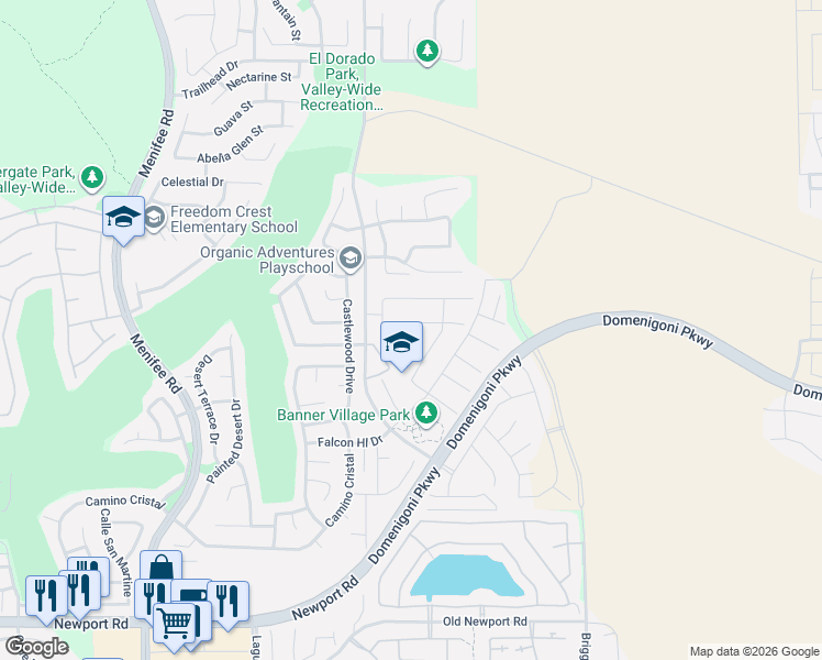 map of restaurants, bars, coffee shops, grocery stores, and more near 29278-29556 Lindenberger Road in Menifee