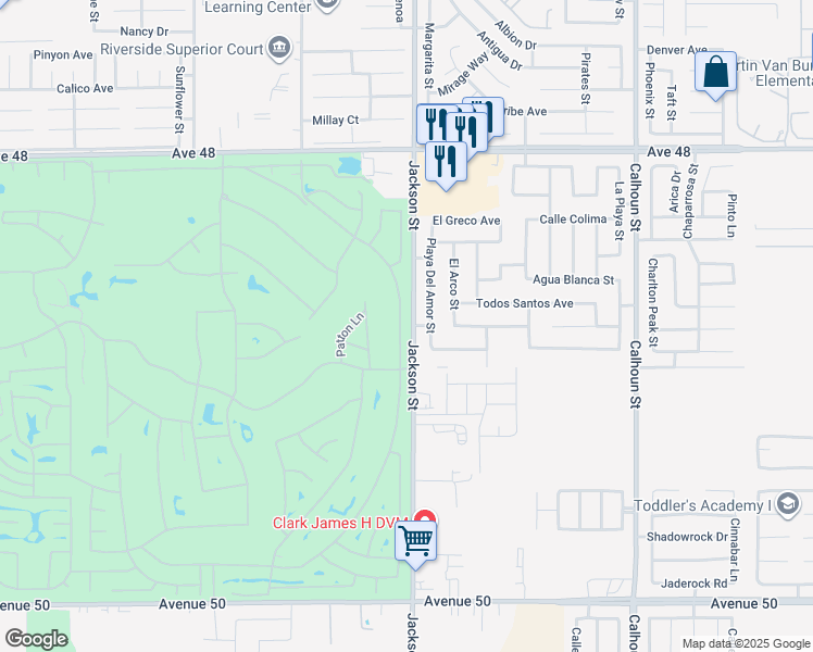 map of restaurants, bars, coffee shops, grocery stores, and more near 48806 Barrymore Street in Indio