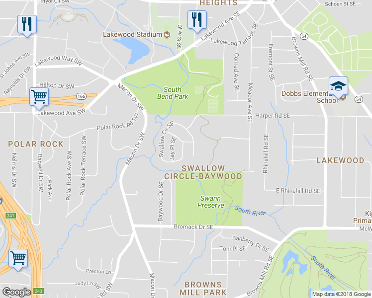 map of restaurants, bars, coffee shops, grocery stores, and more near 2190 Swallow Circle Southeast in Atlanta