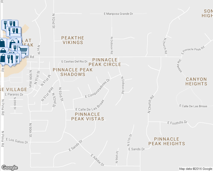 map of restaurants, bars, coffee shops, grocery stores, and more near 9525 East Conquistadores Drive in Scottsdale