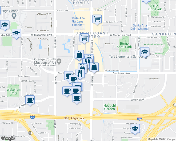 map of restaurants, bars, coffee shops, grocery stores, and more near 3940 South Bristol Street in Santa Ana