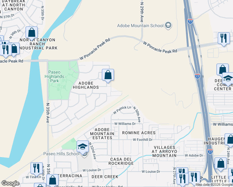 map of restaurants, bars, coffee shops, grocery stores, and more near 3034 West Parkside Lane in Phoenix