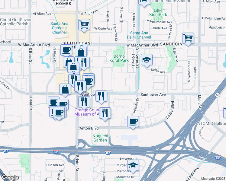 map of restaurants, bars, coffee shops, grocery stores, and more near 800 West Stevens Avenue in Santa Ana