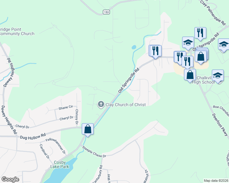 map of restaurants, bars, coffee shops, grocery stores, and more near 6522 Old Springville Road in Pinson
