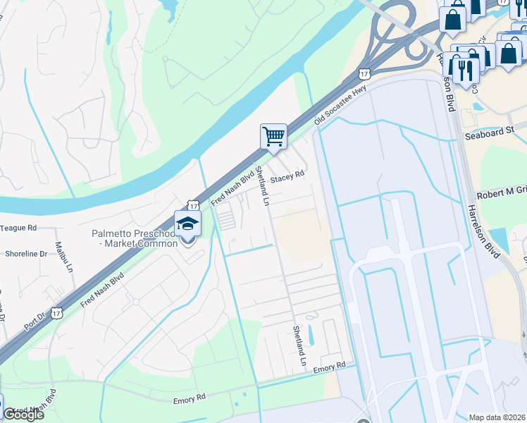 map of restaurants, bars, coffee shops, grocery stores, and more near 3215 Shetland Lane in Myrtle Beach