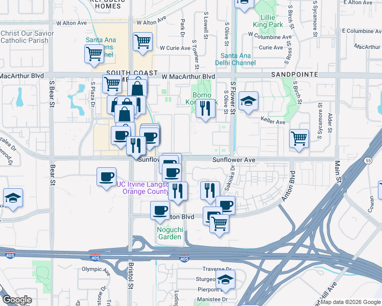 map of restaurants, bars, coffee shops, grocery stores, and more near in Santa Ana