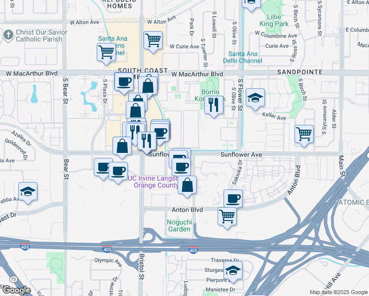 map of restaurants, bars, coffee shops, grocery stores, and more near 1001 West Stevens Avenue in Santa Ana