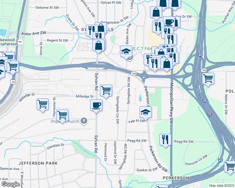map of restaurants, bars, coffee shops, grocery stores, and more near 2201 Millirons Avenue in Atlanta