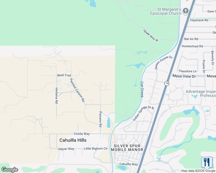 map of restaurants, bars, coffee shops, grocery stores, and more near 48700 Paisano Road in Palm Desert