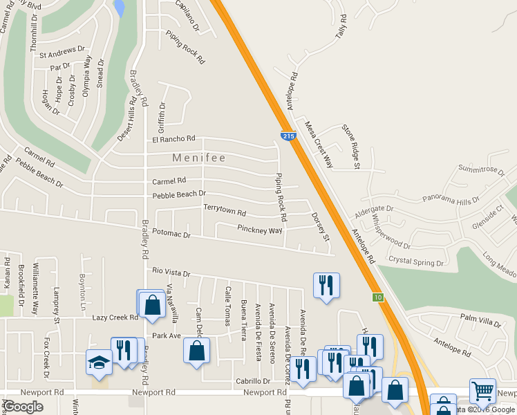 map of restaurants, bars, coffee shops, grocery stores, and more near 30115 Pebble Beach Drive in Menifee