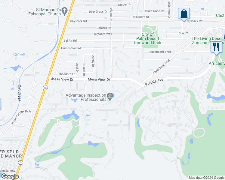 map of restaurants, bars, coffee shops, grocery stores, and more near 73128 Carrizo Circle in Palm Desert