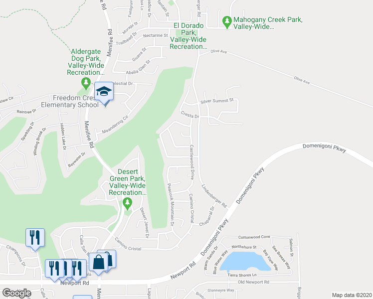 map of restaurants, bars, coffee shops, grocery stores, and more near 29473 El Presidio Lane in Menifee