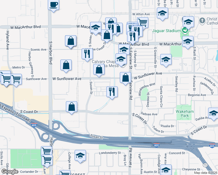 map of restaurants, bars, coffee shops, grocery stores, and more near 3356 Via Parma in Costa Mesa