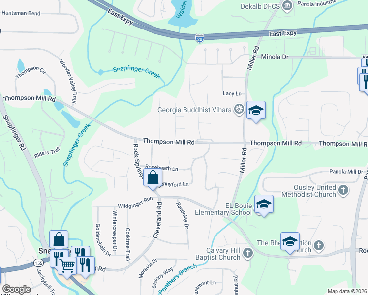 map of restaurants, bars, coffee shops, grocery stores, and more near 4865 Thompson Mill Road in Stonecrest