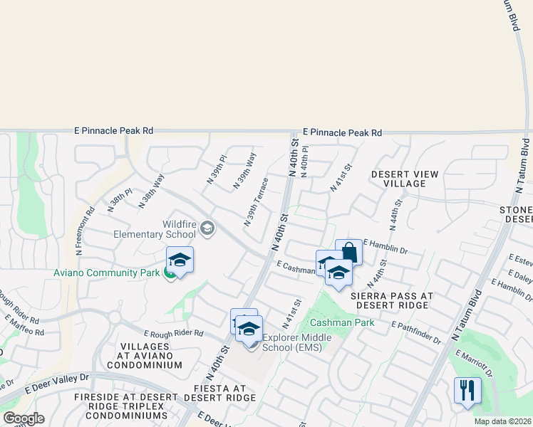 map of restaurants, bars, coffee shops, grocery stores, and more near 3977 East Hashknife Road in Phoenix
