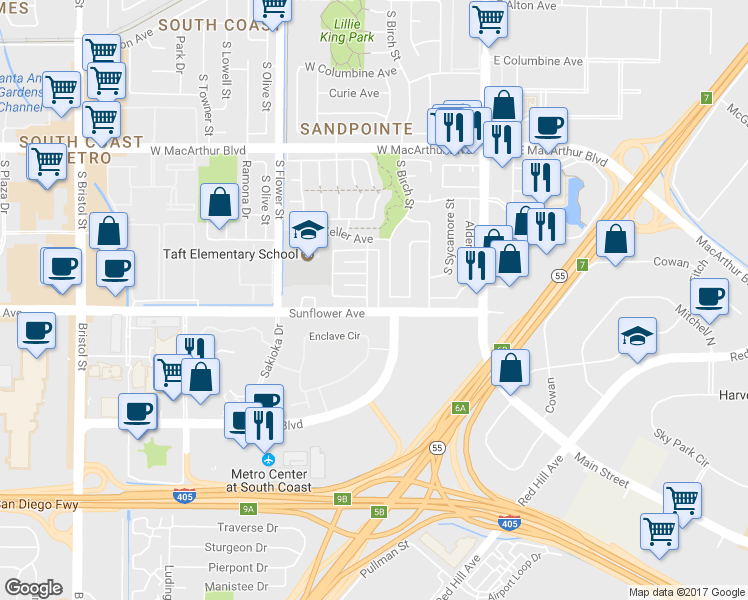 map of restaurants, bars, coffee shops, grocery stores, and more near 3921 South Ross Street in Santa Ana