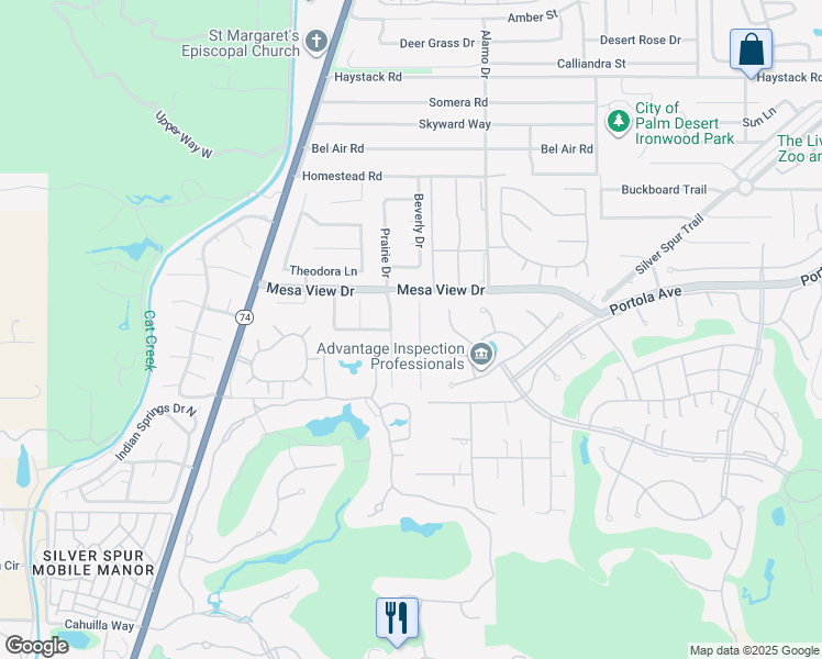 map of restaurants, bars, coffee shops, grocery stores, and more near 48651 Shady View Drive in Palm Desert