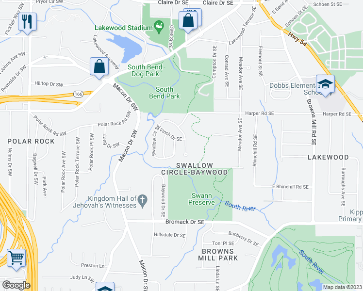 map of restaurants, bars, coffee shops, grocery stores, and more near 2485 Swallow Circle Southeast in Atlanta
