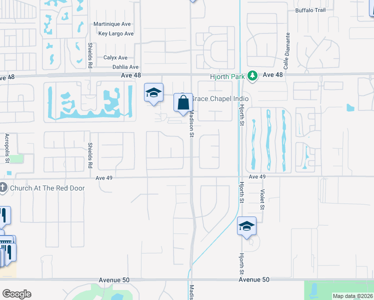 map of restaurants, bars, coffee shops, grocery stores, and more near 48742 Stillwater Street in Indio