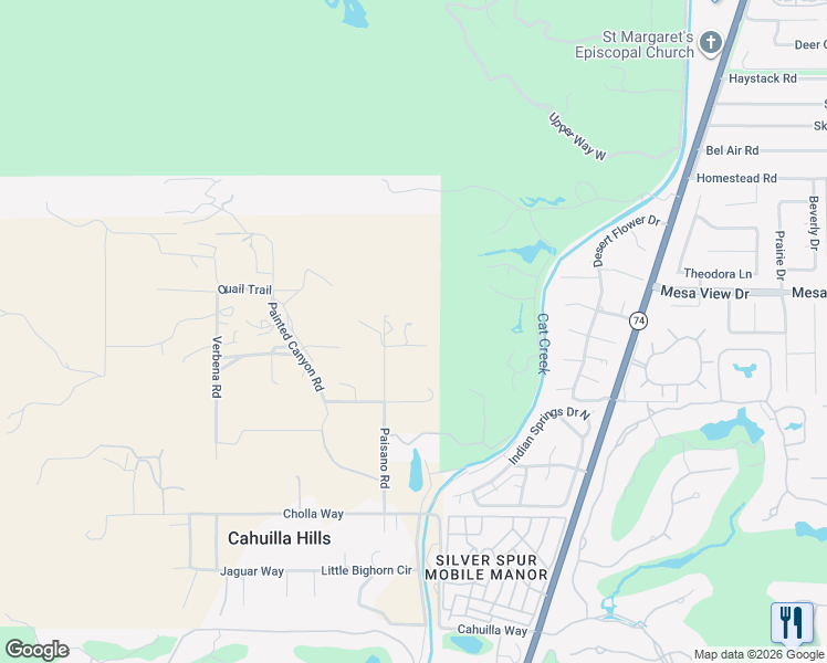 map of restaurants, bars, coffee shops, grocery stores, and more near 48700 Paisano Road in Palm Desert
