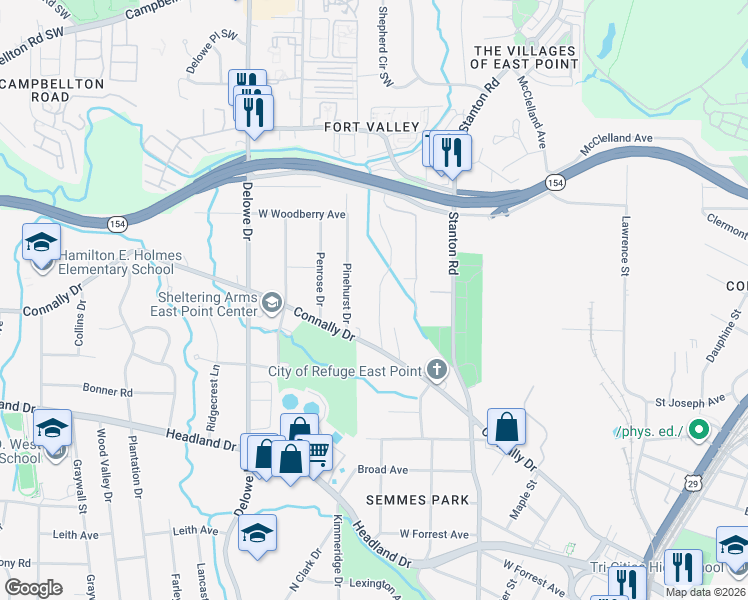 map of restaurants, bars, coffee shops, grocery stores, and more near 2212 Westover Drive in East Point