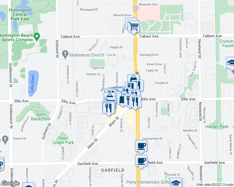 map of restaurants, bars, coffee shops, grocery stores, and more near 7822 Franklin Drive in Huntington Beach