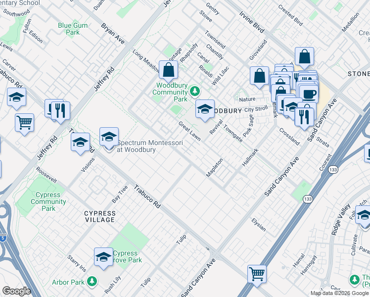 map of restaurants, bars, coffee shops, grocery stores, and more near 21-25 Donovan in Irvine