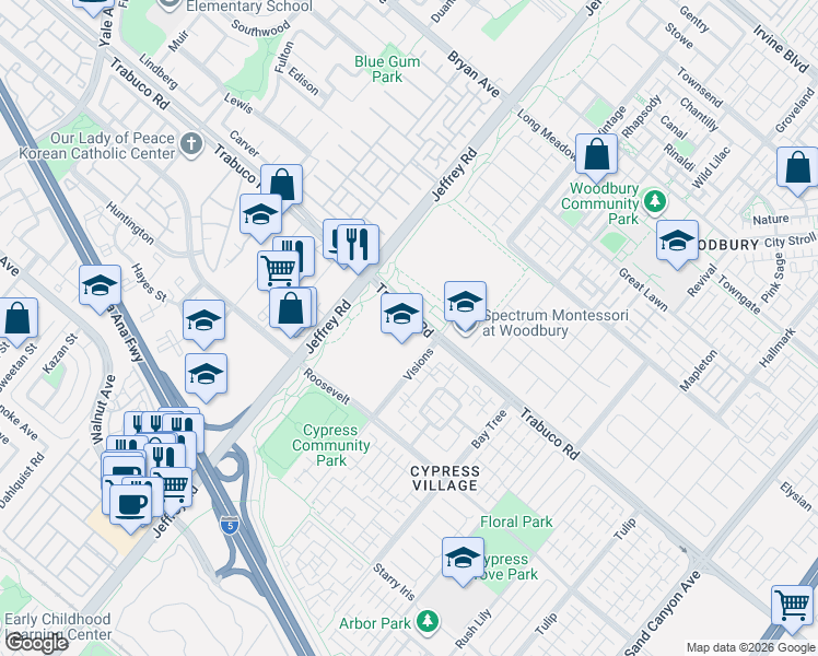 map of restaurants, bars, coffee shops, grocery stores, and more near 5964 Trabuco Road in Irvine