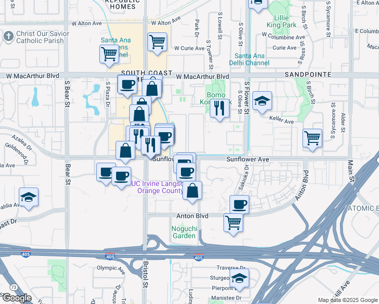 map of restaurants, bars, coffee shops, grocery stores, and more near 800 West Stevens Avenue in Santa Ana