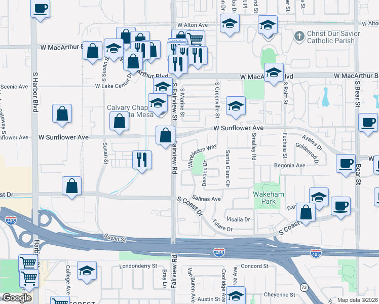 map of restaurants, bars, coffee shops, grocery stores, and more near 3441 Wimbledon Way in Costa Mesa