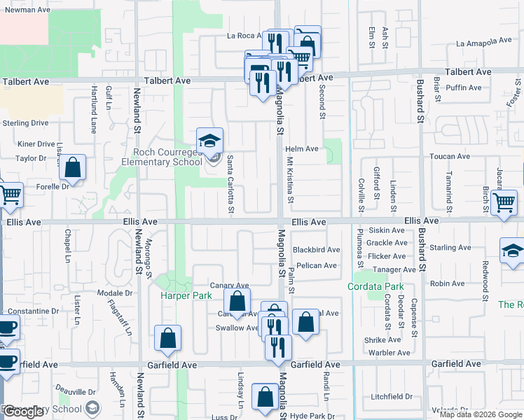 map of restaurants, bars, coffee shops, grocery stores, and more near 18468 Santa Belinda in Fountain Valley