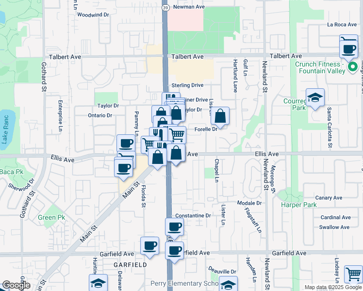 map of restaurants, bars, coffee shops, grocery stores, and more near 8092 La Palma Drive in Huntington Beach