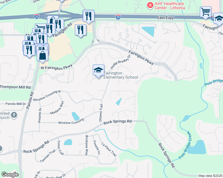 map of restaurants, bars, coffee shops, grocery stores, and more near 2996 Aberdeen Way in Stonecrest