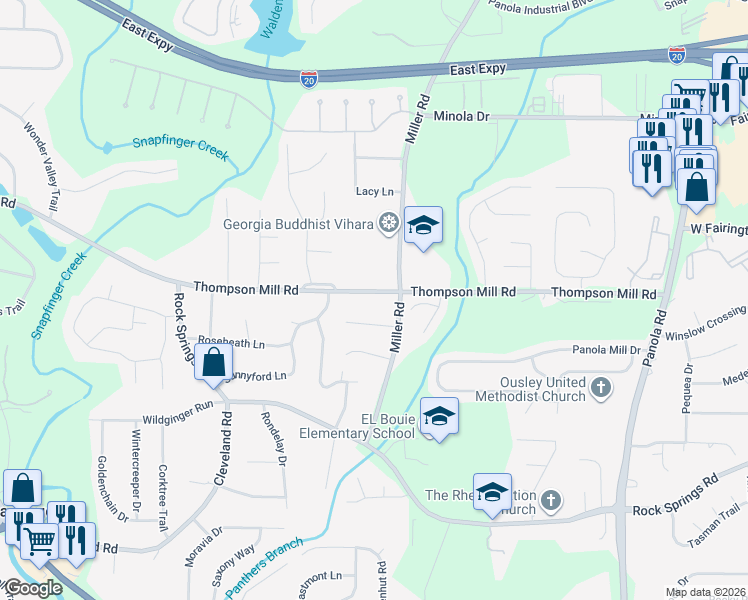 map of restaurants, bars, coffee shops, grocery stores, and more near 4981 Thompson Mill Road in Stonecrest