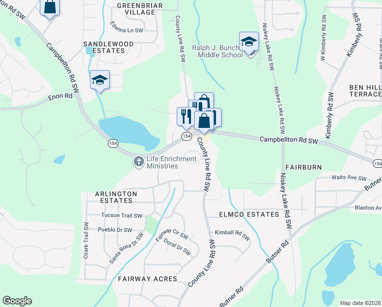 map of restaurants, bars, coffee shops, grocery stores, and more near 4287 Notting Hill Drive Southwest in Atlanta