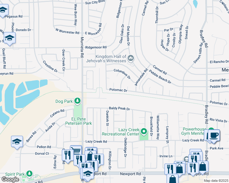 map of restaurants, bars, coffee shops, grocery stores, and more near 26251 Potomac Drive in Menifee