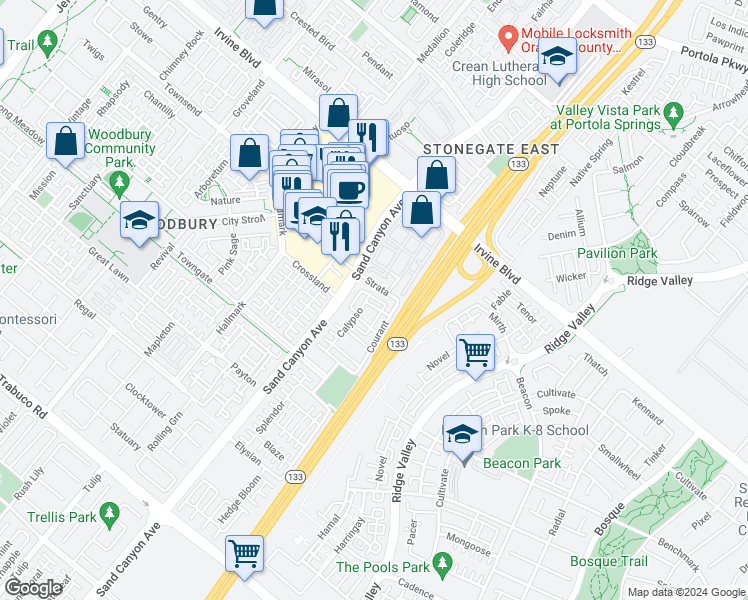 map of restaurants, bars, coffee shops, grocery stores, and more near 25 Quartet in Irvine