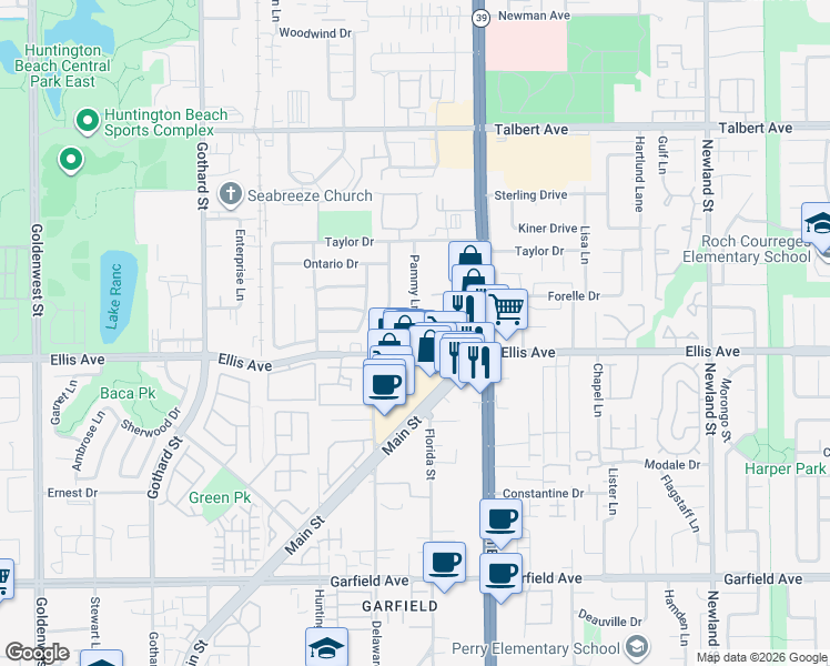 map of restaurants, bars, coffee shops, grocery stores, and more near 7822 Franklin Drive in Huntington Beach