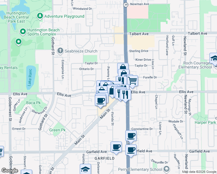 map of restaurants, bars, coffee shops, grocery stores, and more near 7832 Franklin Drive in Huntington Beach