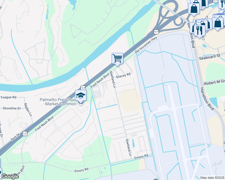 map of restaurants, bars, coffee shops, grocery stores, and more near 3215 Shetland Lane in Myrtle Beach