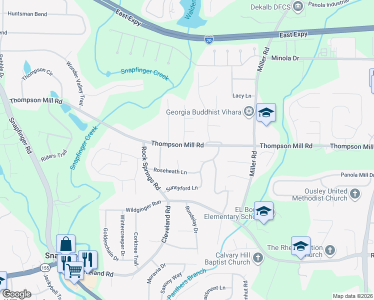 map of restaurants, bars, coffee shops, grocery stores, and more near 4865 Thompson Mill Road in Stonecrest