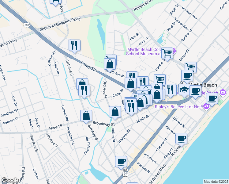 map of restaurants, bars, coffee shops, grocery stores, and more near 313 Cedar Street in Myrtle Beach
