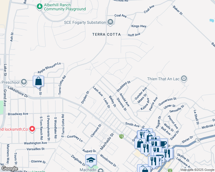 map of restaurants, bars, coffee shops, grocery stores, and more near 16364 Stevens Street in Lake Elsinore