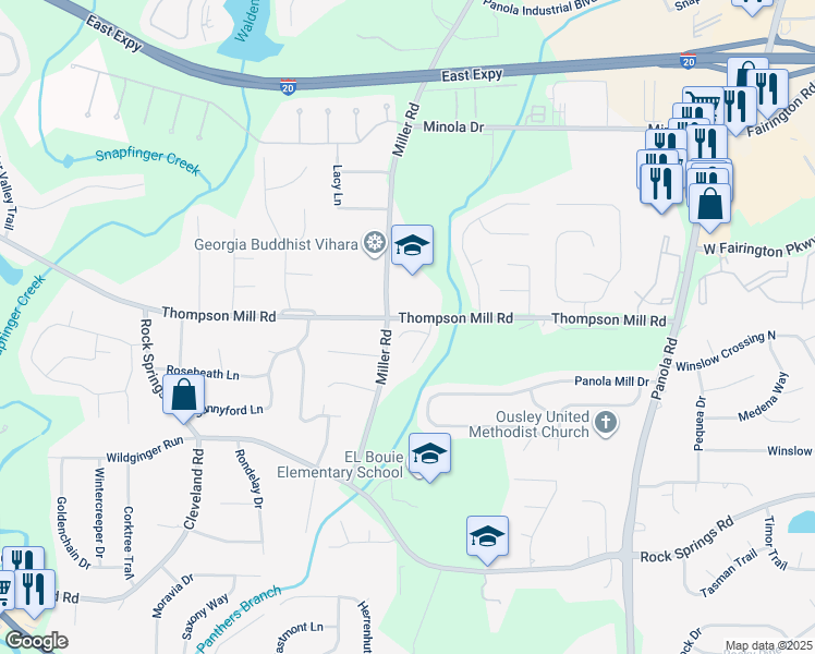 map of restaurants, bars, coffee shops, grocery stores, and more near 5024 Millers Glen in Stonecrest