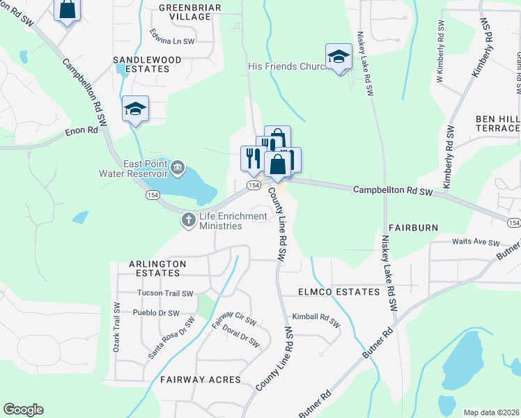 map of restaurants, bars, coffee shops, grocery stores, and more near 4287 Notting Hill Drive Southwest in Atlanta