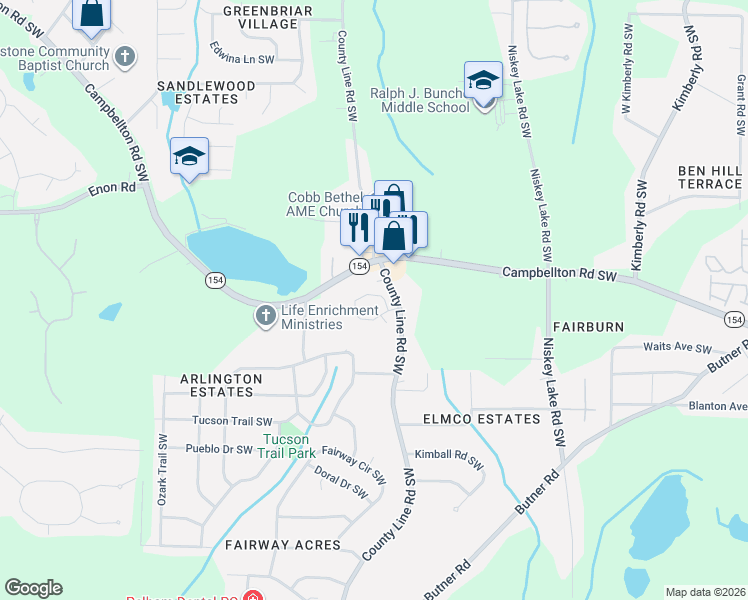 map of restaurants, bars, coffee shops, grocery stores, and more near 4287 Notting Hill Drive Southwest in Atlanta