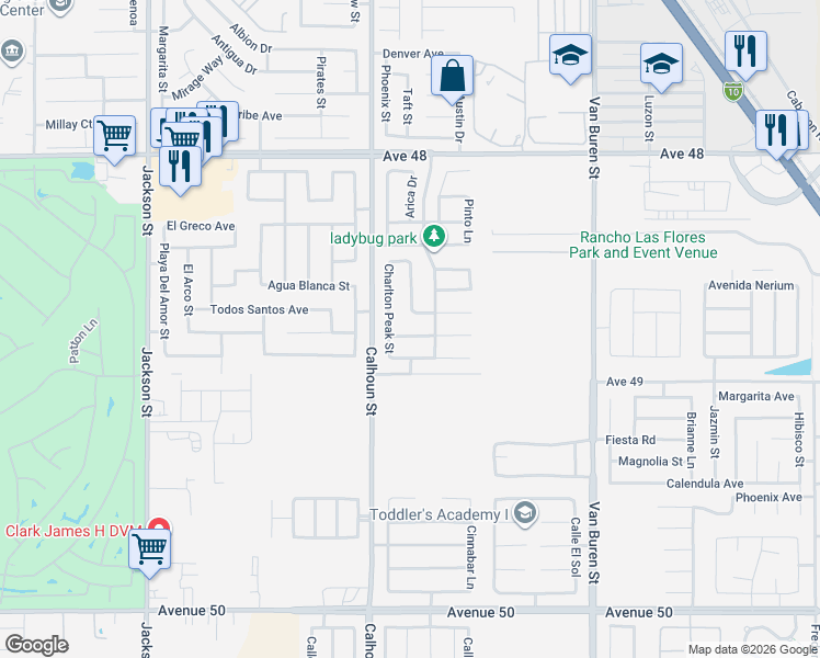 map of restaurants, bars, coffee shops, grocery stores, and more near 83530 Mecca Hills Avenue in Coachella