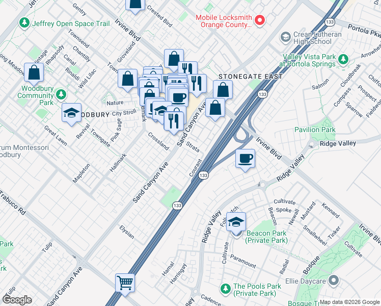 map of restaurants, bars, coffee shops, grocery stores, and more near 33 Quartet in Irvine