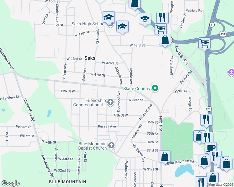 map of restaurants, bars, coffee shops, grocery stores, and more near 508 Dogwood Avenue in Anniston