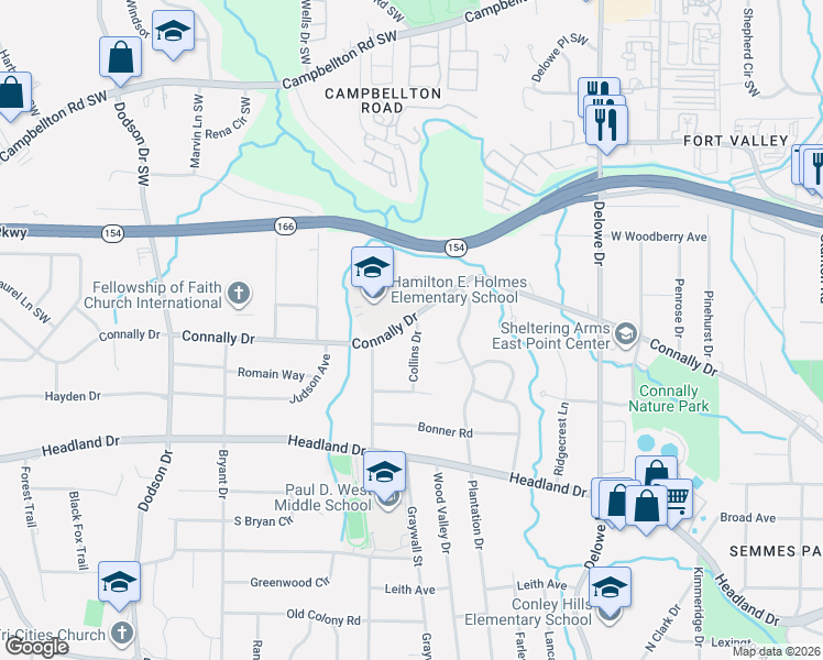 map of restaurants, bars, coffee shops, grocery stores, and more near 2340 Connally Drive in East Point